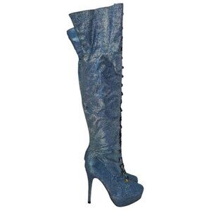 Ami Clubwear Metallic Blue Glitter Knee-High Platform Heel Boots Sparkle Size 9